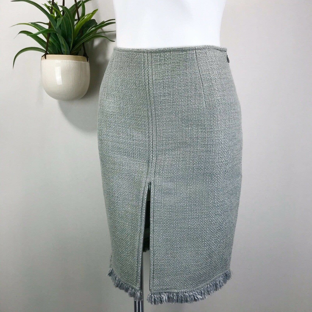 Worth Green Tweed Fringe Career Skirt Zip Hem Lined Wool Blend Womens Size 6